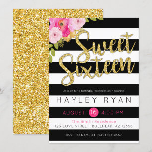 Invitation Sweet sixteen 16e anniversaire Black White Stripe