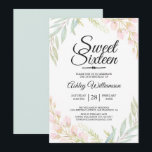 Invitation Sweet sixteen 16e anniversaire bleu rose floral<br><div class="desc">Sweet sixteen floral rose bleu 16ème anniversaire invitation, design floral rose élégant avec feuilles dans les aquarelles bleu pâle et vert. Cette douce invitation chic de 16 présente un script élégant et une typographie moderne. Le dos de la carte est peint dans une aquarelle bleue assortie. Pour plus de personnalisation,...</div>