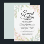 Invitation Sweet sixteen 16e anniversaire bleu rose floral<br><div class="desc">Sweet sixteen floral rose bleu 16ème anniversaire invitation, design floral rose élégant avec feuilles dans les aquarelles bleu pâle et vert. Cette douce invitation chic de 16 présente un script élégant et une typographie moderne. Le dos de la carte est peint dans une aquarelle bleue assortie. Pour plus de personnalisation,...</div>