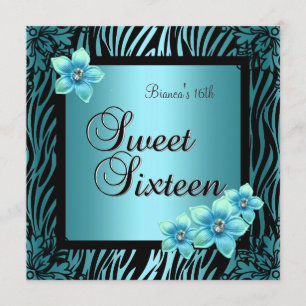 Invitation Sweet Sixteen 16e Anniversaire Fleur Bleue Noir Ar