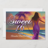 Invitation Sweet sixteen 16e fille violette Plage Océan or (Devant)