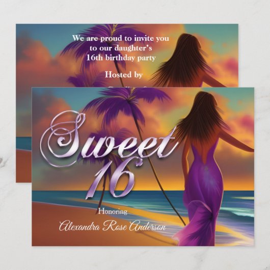 Invitation Sweet sixteen 16e fille violette Plage Océan or (Devant / Derrière)