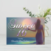 Invitation Sweet sixteen 16e fille violette sur Plage bleu oc (Debout devant)