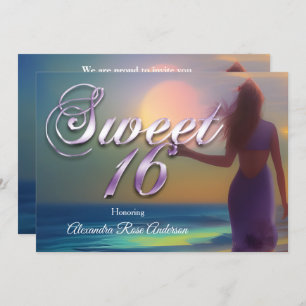Invitation Sweet sixteen 16e fille violette sur Plage bleu oc