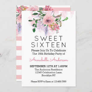 Invitation Sweet sixteen 16ème anniversaire Aquarelle rose
