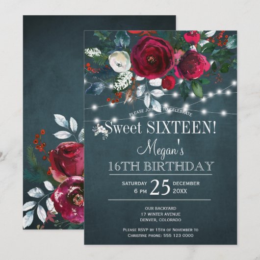 Invitation Sweet sixteen à fleurs d'hiver (Devant / Derrière)