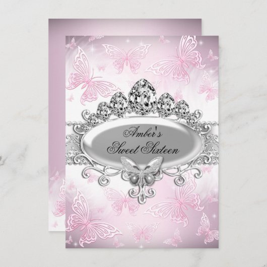 Invitation Sweet sixteen à papillon rose en argent (Devant / Derrière)