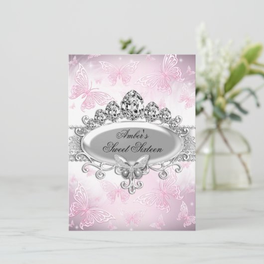 Invitation Sweet sixteen à papillon rose en argent (Debout devant)
