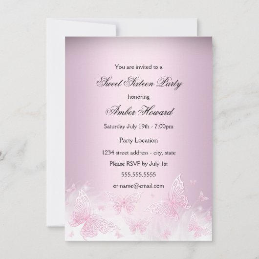 Invitation Sweet sixteen à papillon rose en argent (Dos)