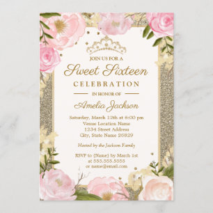 Invitation Sweet sixteen Anniversaire Étincelle Rose Or Flora