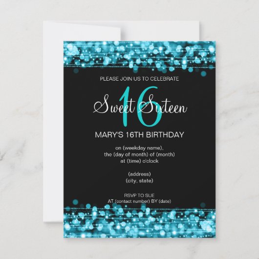 Invitation Sweet sixteen Anniversaire Fête Étincelles Turquoi (Devant)