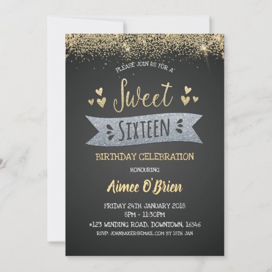 Invitation Sweet sixteen Anniversaire Parties scintillant d'o (Devant)