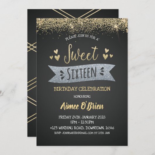 Invitation Sweet sixteen Anniversaire Parties scintillant d'o (Devant / Derrière)