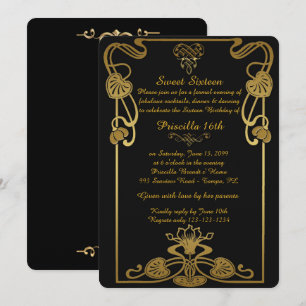 Invitation Sweet sixteen Anniversaire, Style Gatsby, Black-Go