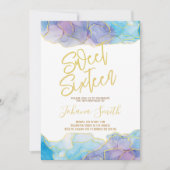 Invitation Sweet sixteen Aquarelle Bleu Or Anniversaire (Devant)