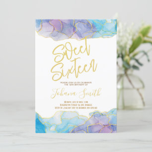Invitation Sweet sixteen Aquarelle Bleu Or Anniversaire