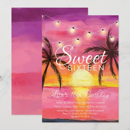 Invitation Sweet sixteen, Beach Sunset Anniversaire Invitatio (Devant / Derrière)
