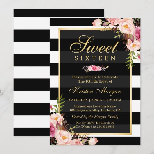 Invitation Sweet sixteen Belle Flore Noir Blancs (Devant / Derrière)