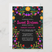 Invitation Sweet sixteen Black Mexicaine Fiesta Folk Art Flor (Devant)