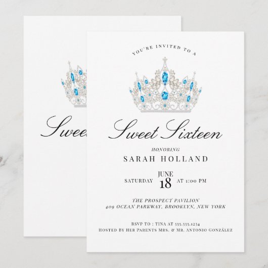 Invitation Sweet sixteen bleu (Devant / Derrière)
