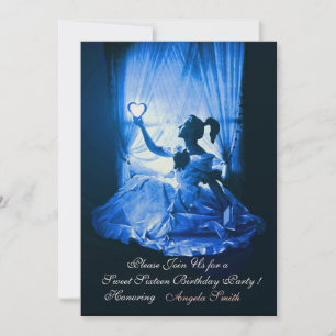 Invitation SWEET SIXTEEN, BLEU BLACK DAMASK Champagne