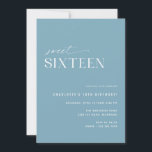 Invitation Sweet sixteen bleu poussiéreux | Simple 16ème anni<br><div class="desc">Invitations élégantes et modernes à 16e anniversaire avec un design hors du centre. Couleur bleu ciel avec un motif amusant "16" sur le dos. (Le motif latéral inverse peut être retiré,  si désiré,  à l'aide de l'outil de conception.)</div>