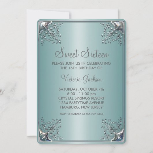 Invitation Sweet sixteen bleu turquoise fête d'anniversaire (Devant)