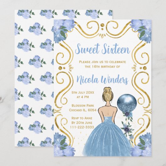 Invitation Sweet sixteen Blonde Princesse en Bleu (Devant / Derrière)