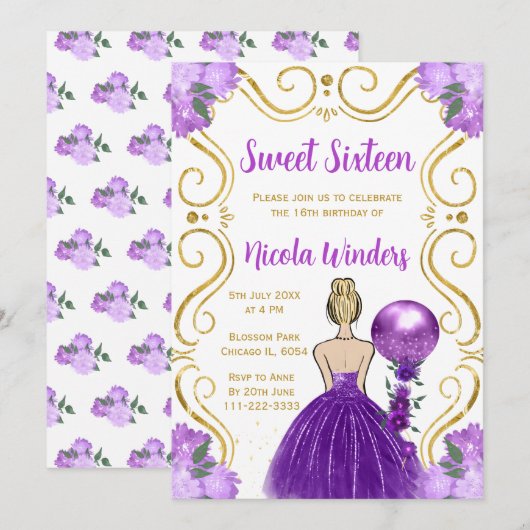 Invitation Sweet sixteen Blonde Princesse en violet (Devant / Derrière)