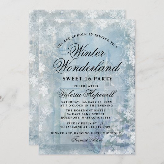 Invitation Sweet sixteen Blue Winter Wonderland Snowflake (Devant / Derrière)