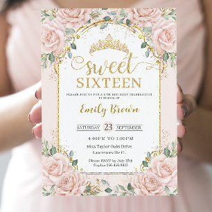 Invitation Sweet sixteen Blush Rose Floral Gold 16e anniversa