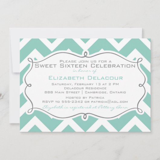 Invitation Sweet sixteen Chevron blanc et bleu (Devant)