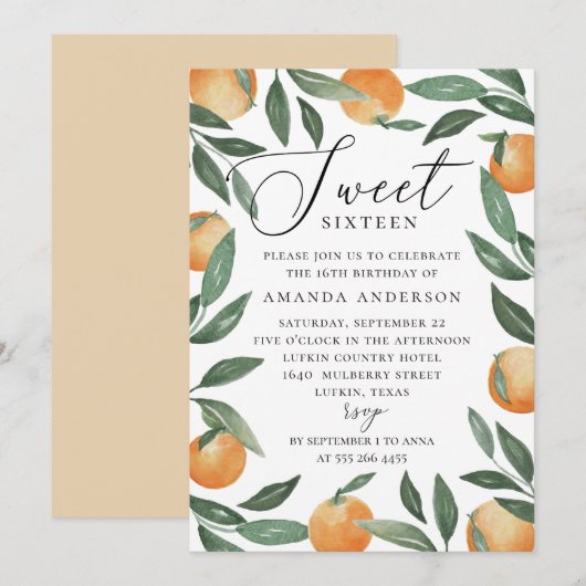 Invitation Sweet sixteen | Citrus Orange & Verdure Anniversai (Devant / Derrière)