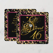 Invitation Sweet sixteen Confetti rose et noir (Devant / Derrière)