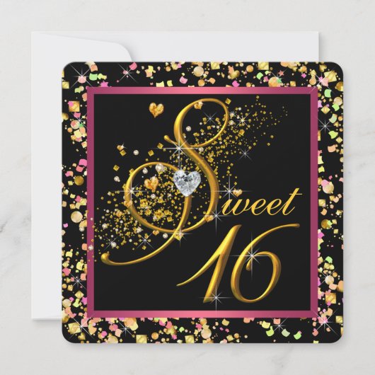 Invitation Sweet sixteen Confetti rose et noir (Devant)