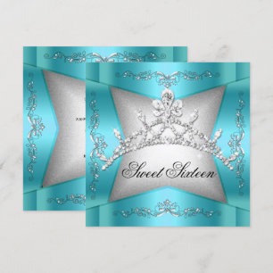 Invitation Sweet Sixteen Couronne de Tiare Argent Bleu Turquo