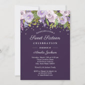 Invitation Sweet sixteen d'aquarelle florale d'argent pourpre (Devant)