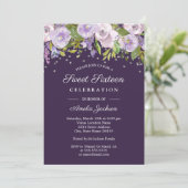 Invitation Sweet sixteen d'aquarelle florale d'argent pourpre (Debout devant)