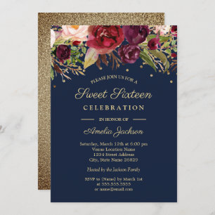 Invitation Sweet sixteen d'aquarelle florale de la marine bor