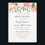 Invitation Sweet sixteen d'aquarelle florale de pê<br><div class="desc">Elégant Sweet sixteen Invitation avec un design d'aquarelle fleurie douce dans les tons rose roux,  pêche et vert. Le texte de style classique en gris clair peut être entièrement personnalisé. Collection de Mariages correspondants dans le Little Bayleigh Store!</div>