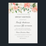 Invitation Sweet sixteen d'aquarelle florale de pê<br><div class="desc">Elégant Sweet sixteen Invitation avec un design d'aquarelle fleurie douce dans les tons rose roux,  pêche et vert. Le texte de style classique en gris clair peut être entièrement personnalisé. Collection de Mariages correspondants dans le Little Bayleigh Store!</div>
