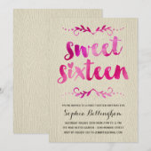 Invitation Sweet sixteen d'aquarelle rose (Devant / Derrière)