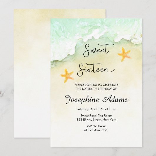 Invitation Sweet sixteen d'aquarelle tropicale Ocean Beach (Devant / Derrière)
