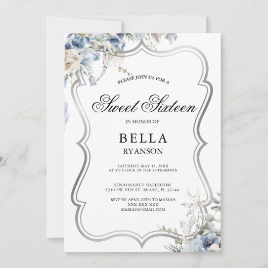 Invitation Sweet sixteen d'argent Floral bleu mode (Devant)