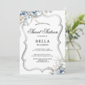 Invitation Sweet sixteen d'argent Floral bleu mode (Debout devant)