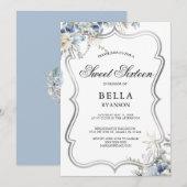 Invitation Sweet sixteen d'argent Floral bleu mode (Devant / Derrière)