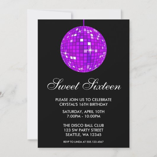 Invitation Sweet sixteen de bal Disco violet et noir (Devant)