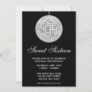 Invitation Sweet sixteen de boule en argent et en noir Disco