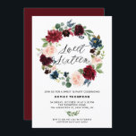 Invitation Sweet sixteen de couronnes florales de Bourgogne e<br><div class="desc">Invitation du Sweet sixteen de germe de Bourgogne et bleu. Famille Invitation et amis à votre douce fête 16 avec cette invitation féminine et rustique. Cette invitation personnalisable présente des fleurs bleues, bordeaux, rouges et rousses à fleurs aquarelles avec feuillage. Cette invitation à la floraison est parfaite pour des événements...</div>