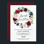 Invitation Sweet sixteen de couronnes florales de Bourgogne e<br><div class="desc">Invitation du Sweet sixteen de germe de Bourgogne et bleu. Famille Invitation et amis à votre douce fête 16 avec cette invitation féminine et rustique. Cette invitation personnalisable présente des fleurs bleues, bordeaux, rouges et rousses à fleurs aquarelles avec feuillage. Cette invitation à la floraison est parfaite pour des événements...</div>